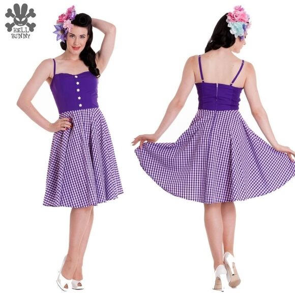 Hell Bunny Purple Checkered Gingham Fit & Flare Pinup Style Midi Dress - Picture 1 of 11